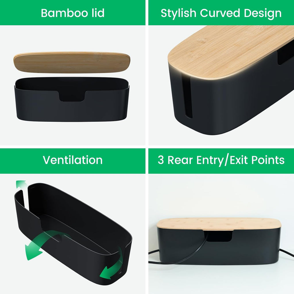 Large Bamboo Lid Cable Management Box Black