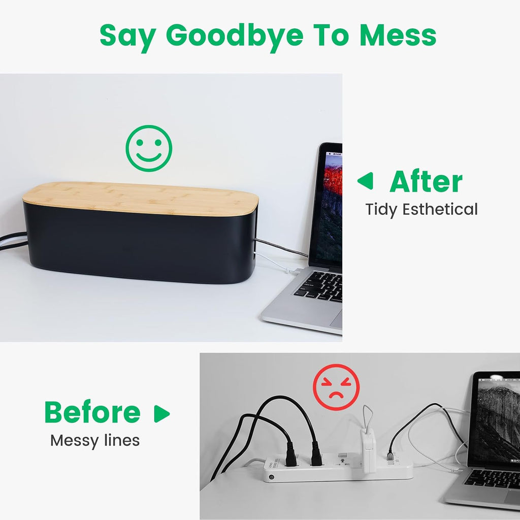 Large Bamboo Lid Cable Management Box Black