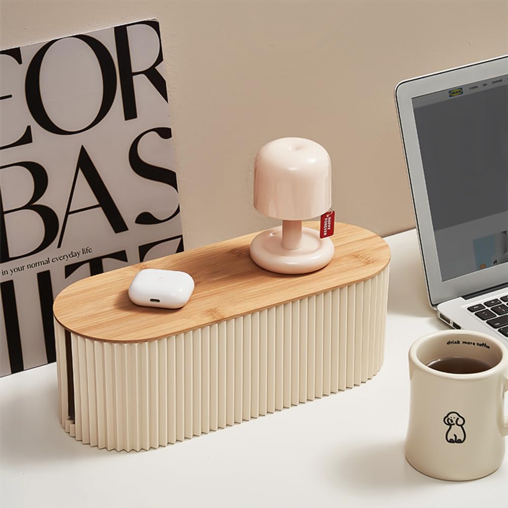 Bamboo Cover Beige Cable Management Box