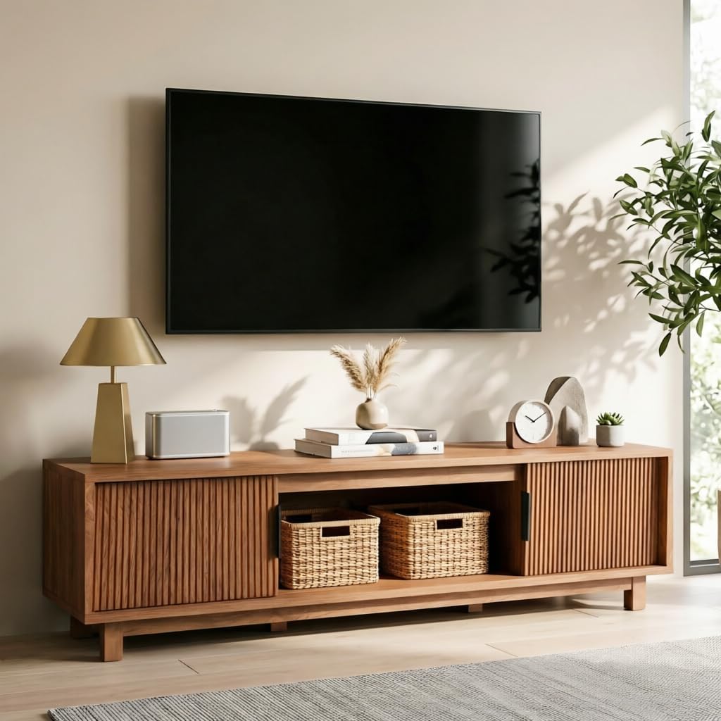 Walnut 58in Fluted Mid Century TV Stand