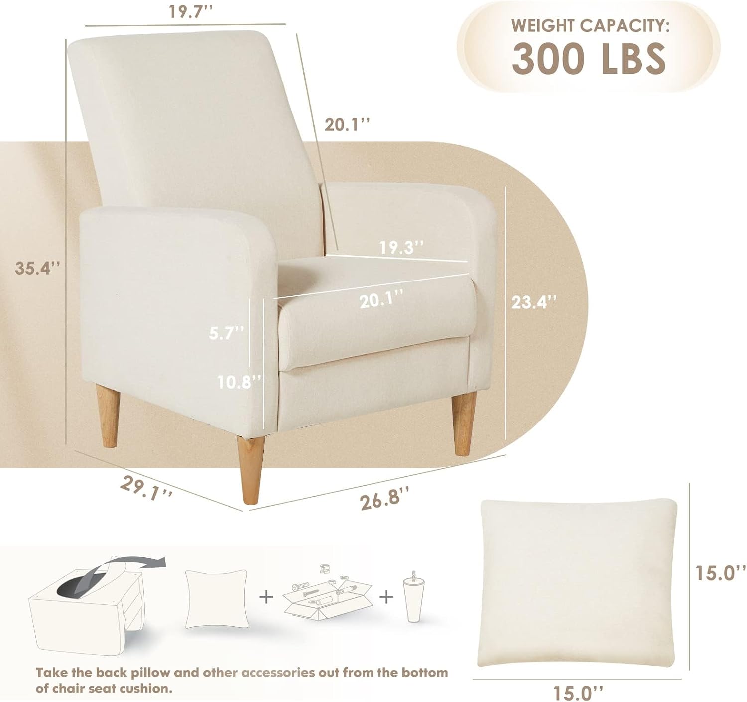 Mid-Century Fabric Accent Chair Wood Legs Beige