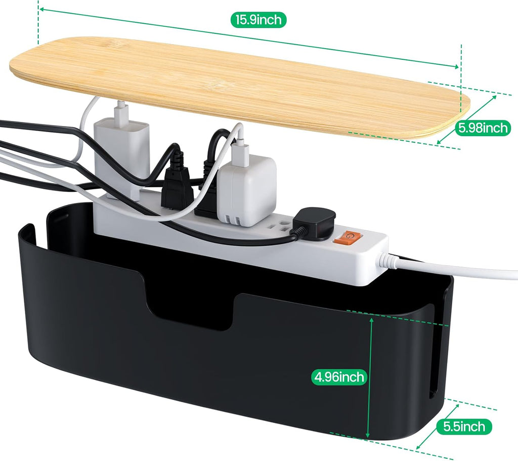 Large Bamboo Lid Cable Management Box Black