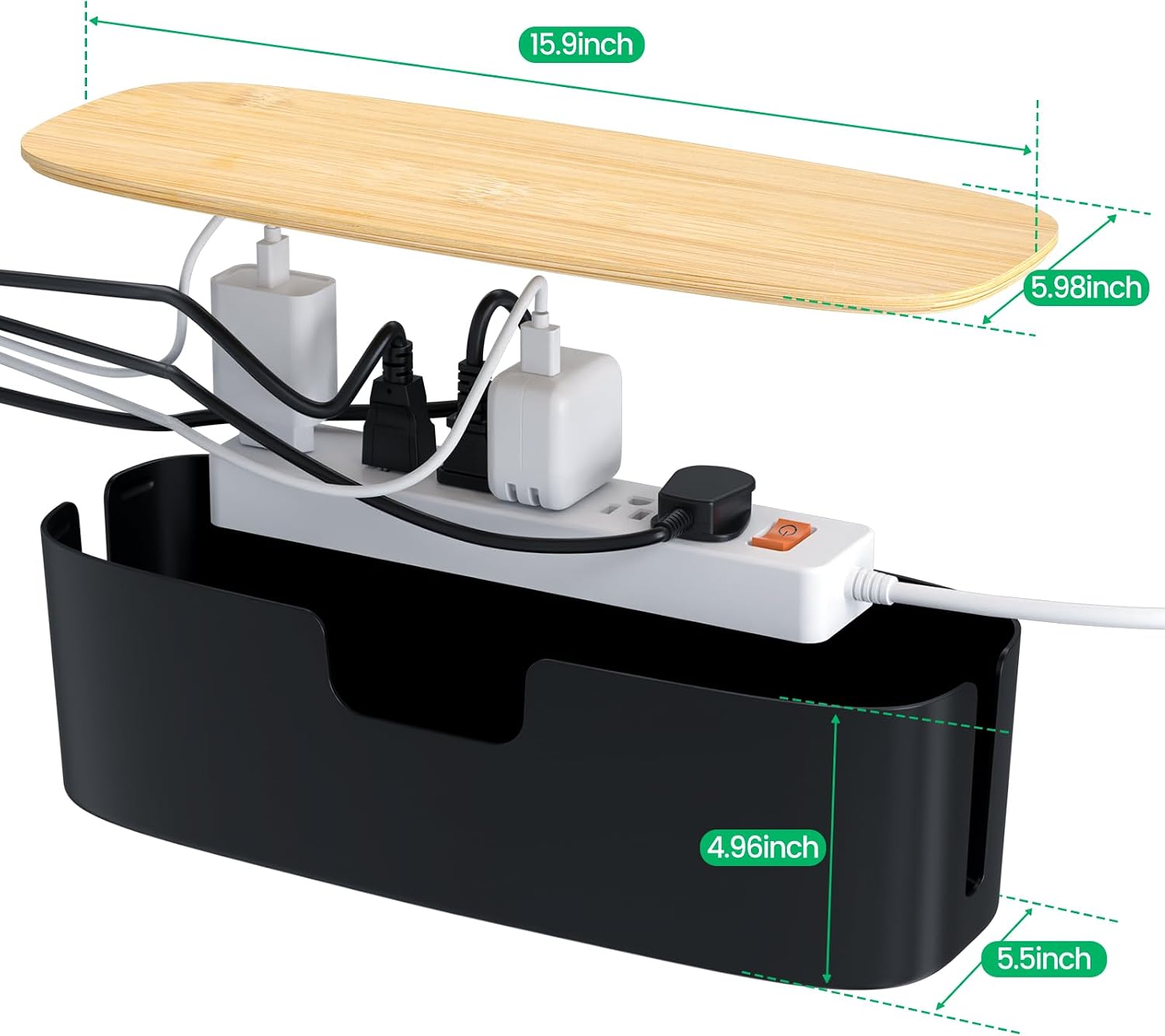 Large Bamboo Lid Cable Management Box Black