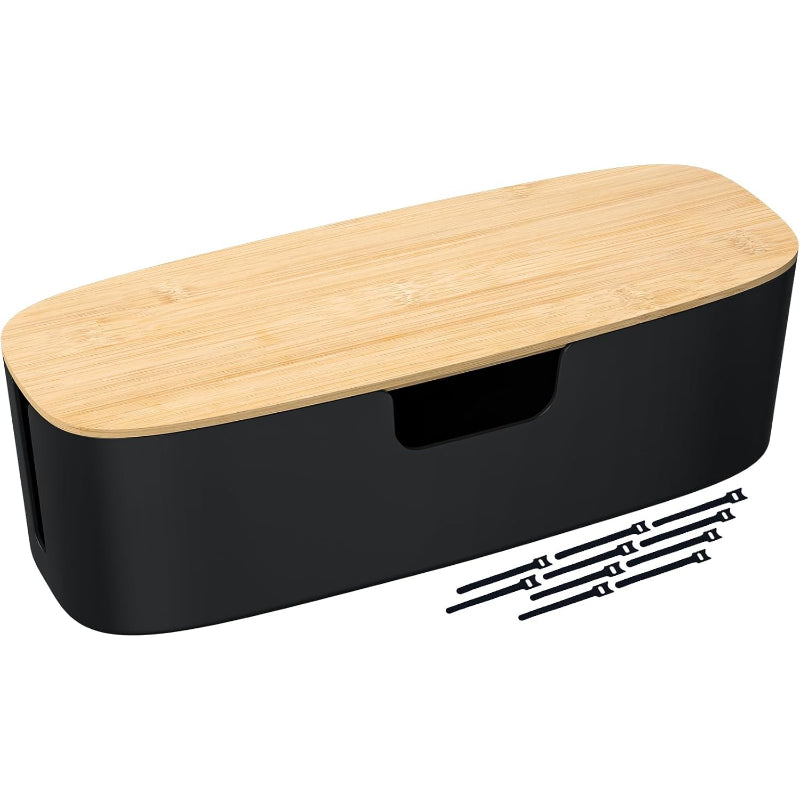 Large Bamboo Lid Cable Management Box Black