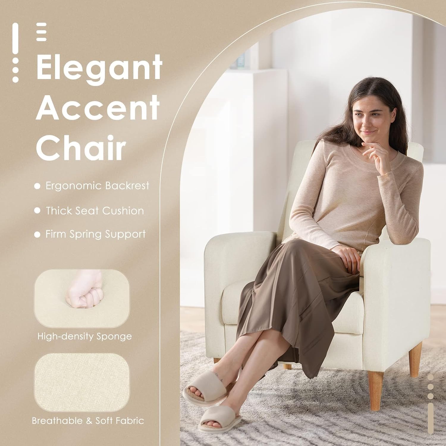 Mid-Century Fabric Accent Chair Wood Legs Beige
