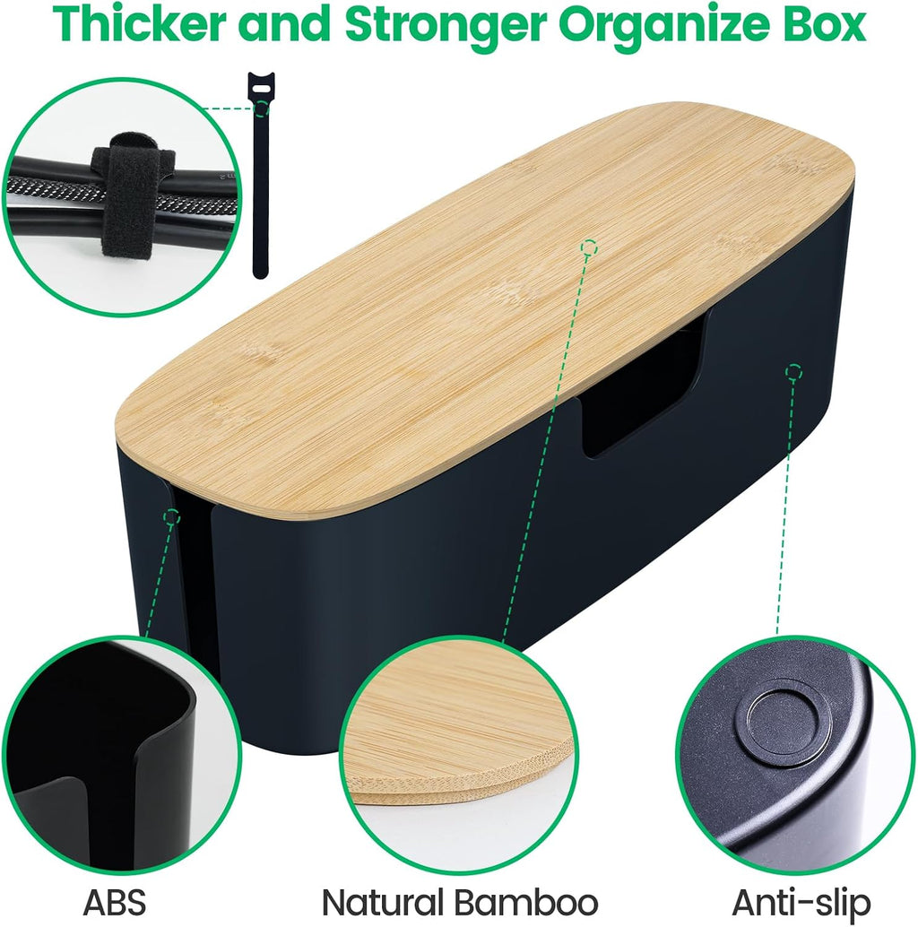 Large Bamboo Lid Cable Management Box Black