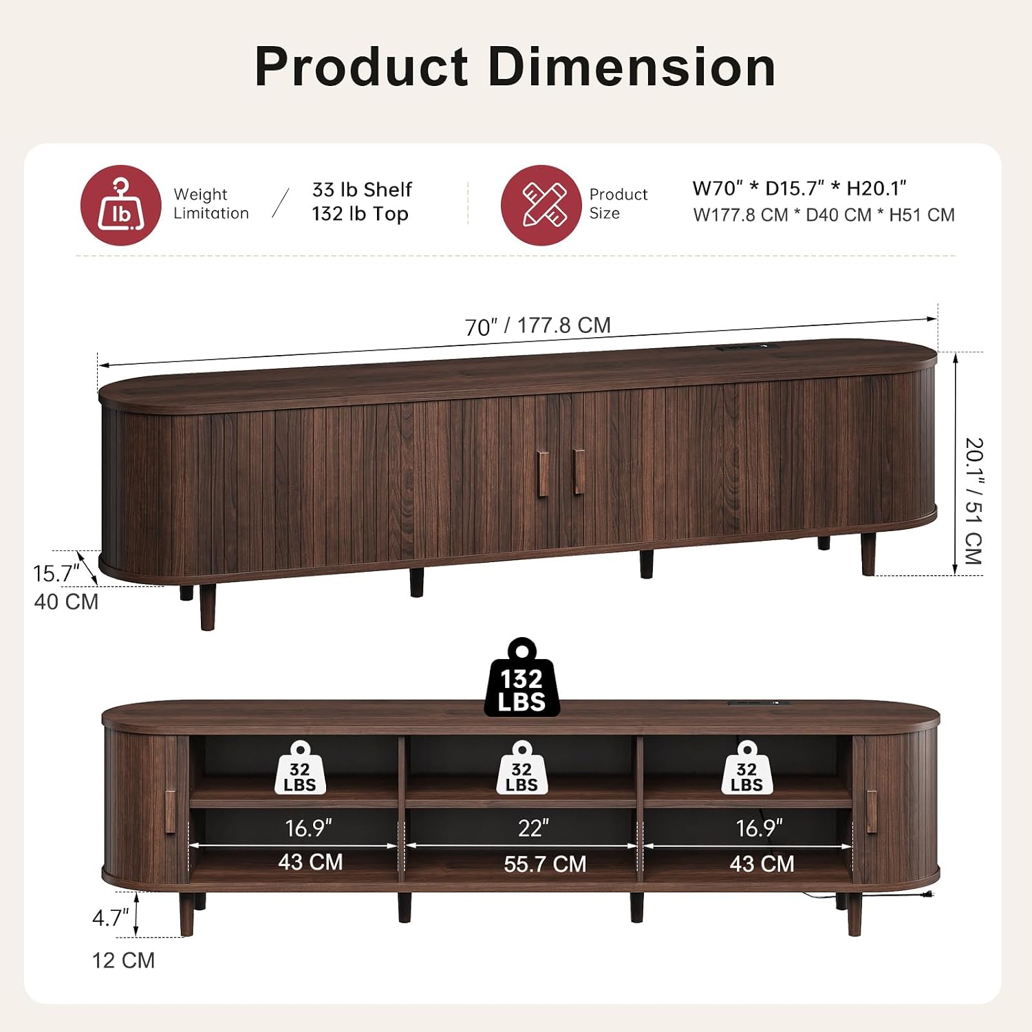 Walnut 70in Fluted Mid Century TV Stand