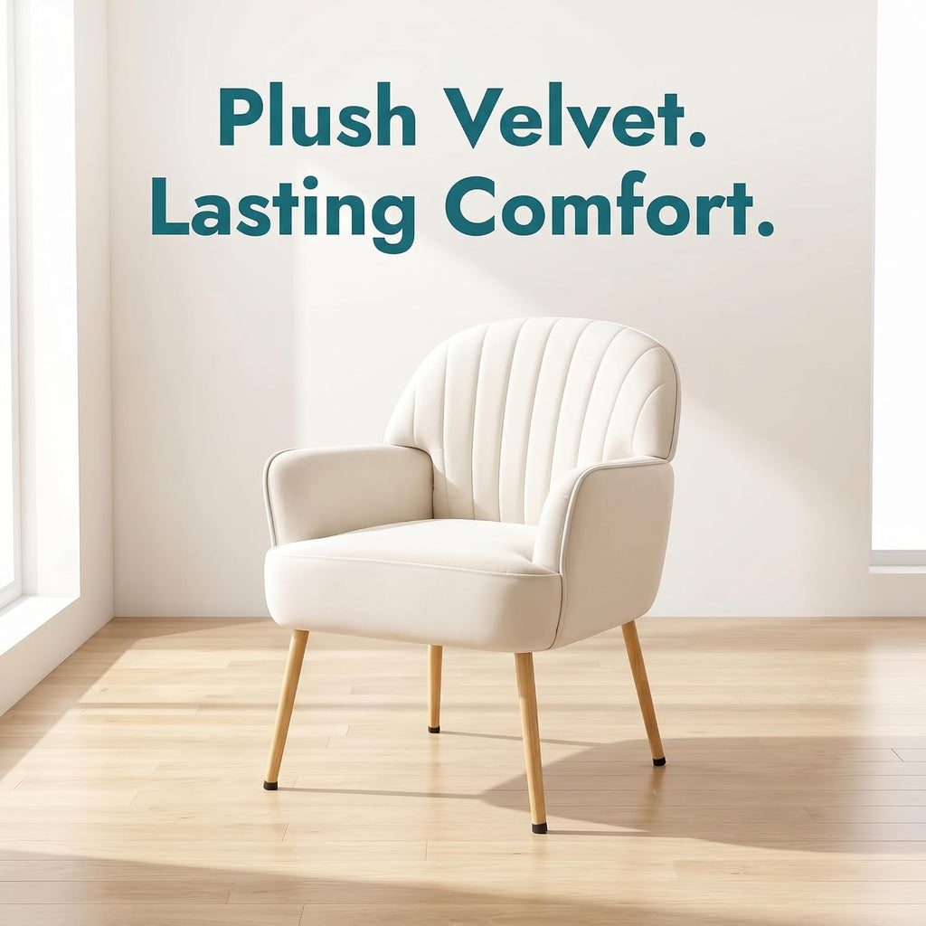 Beige Curved Back Velvet Barrel Accent Chair