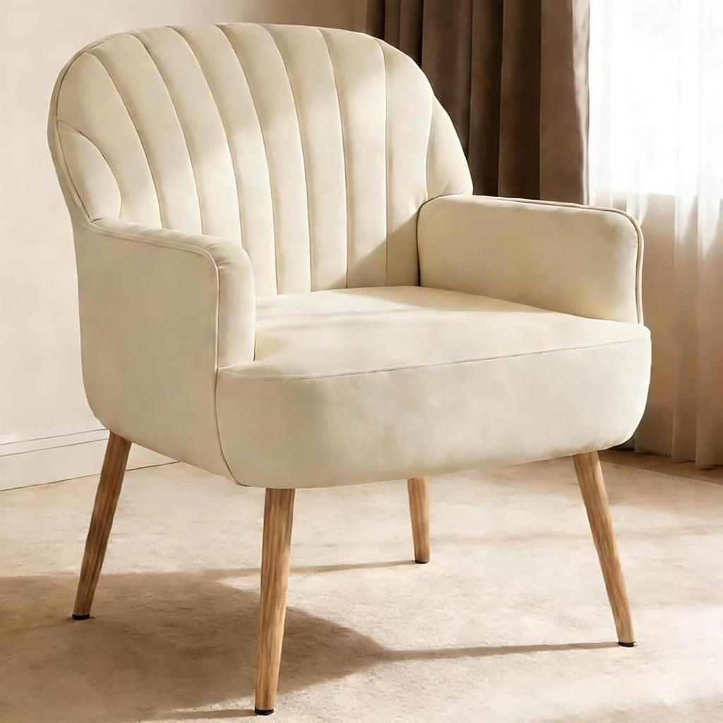 Beige Curved Back Velvet Barrel Accent Chair