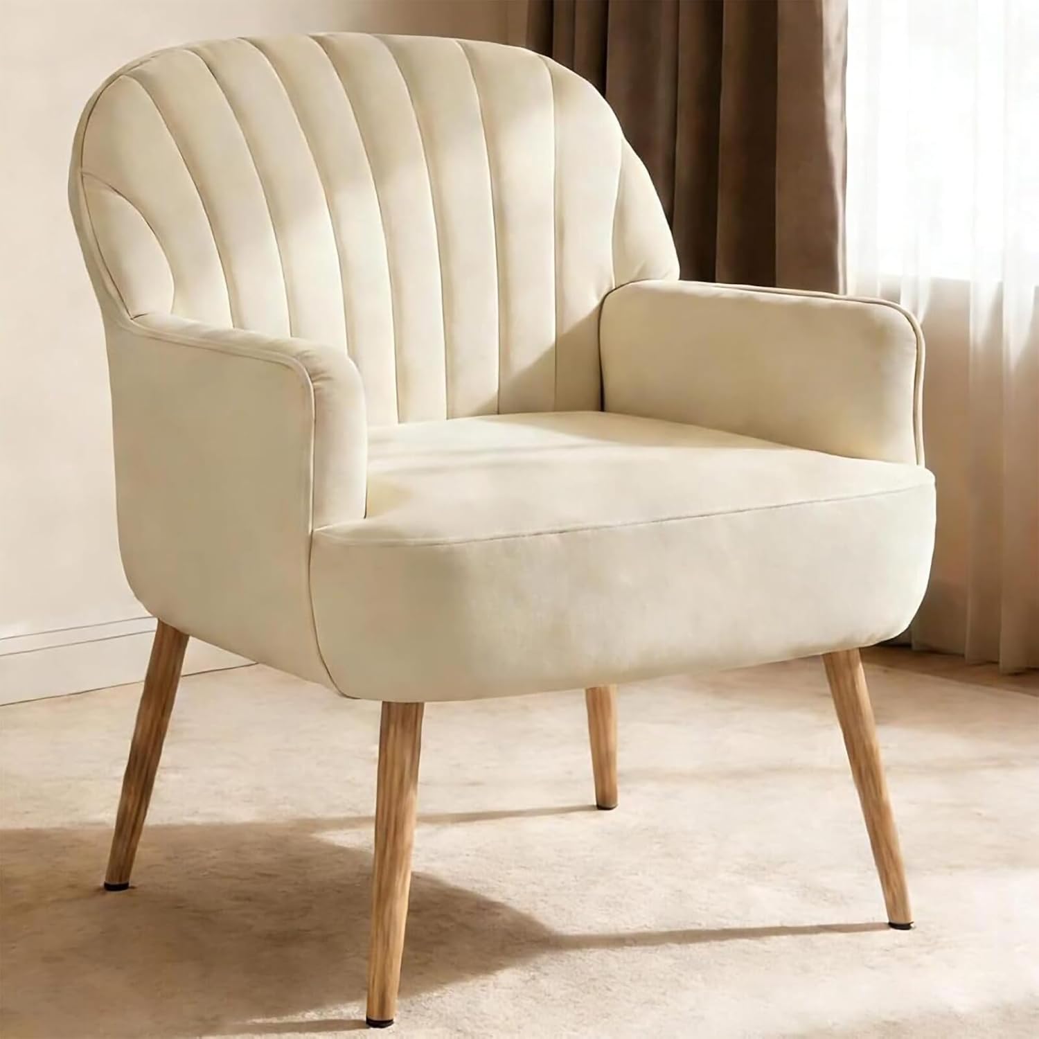 Beige Curved Back Velvet Barrel Accent Chair