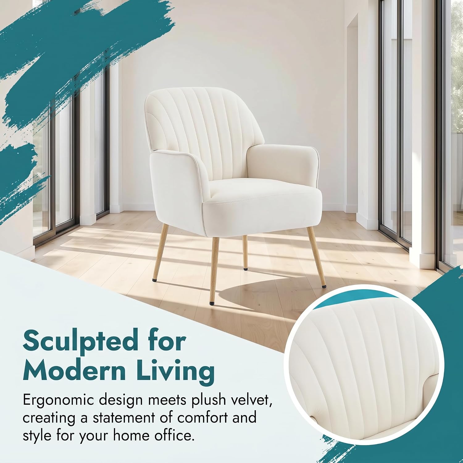 Beige Curved Back Velvet Barrel Accent Chair