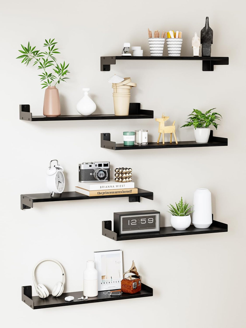 Black 16in Floating Shelves Set of 6