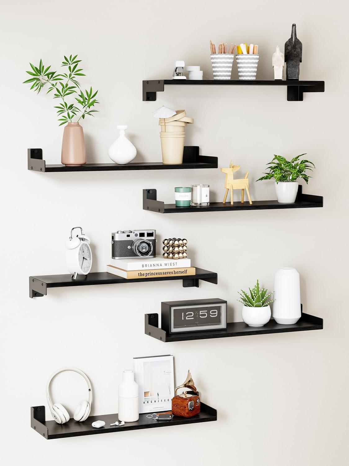 Black 16in Floating Shelves Set of 6