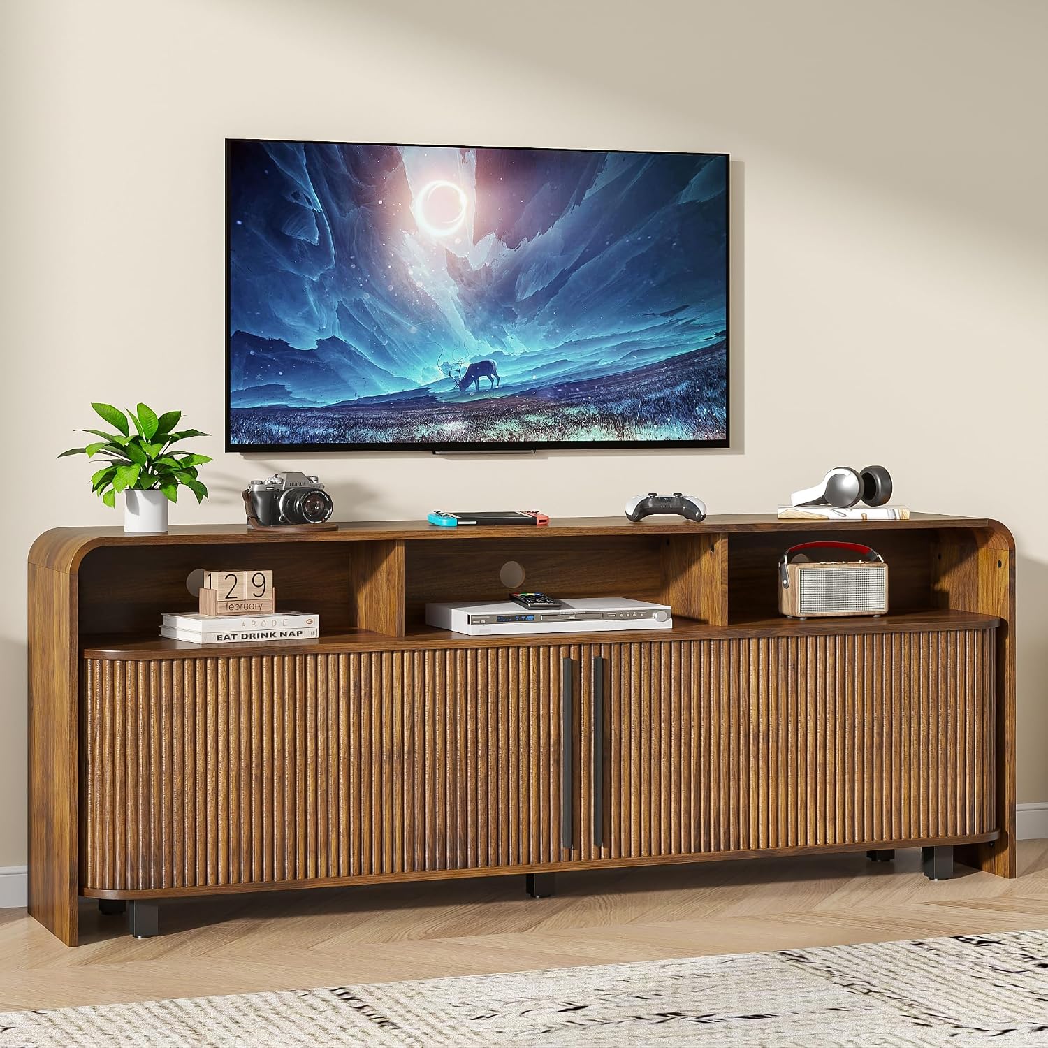 Walnut 70in Fluted Mid Century TV Stand