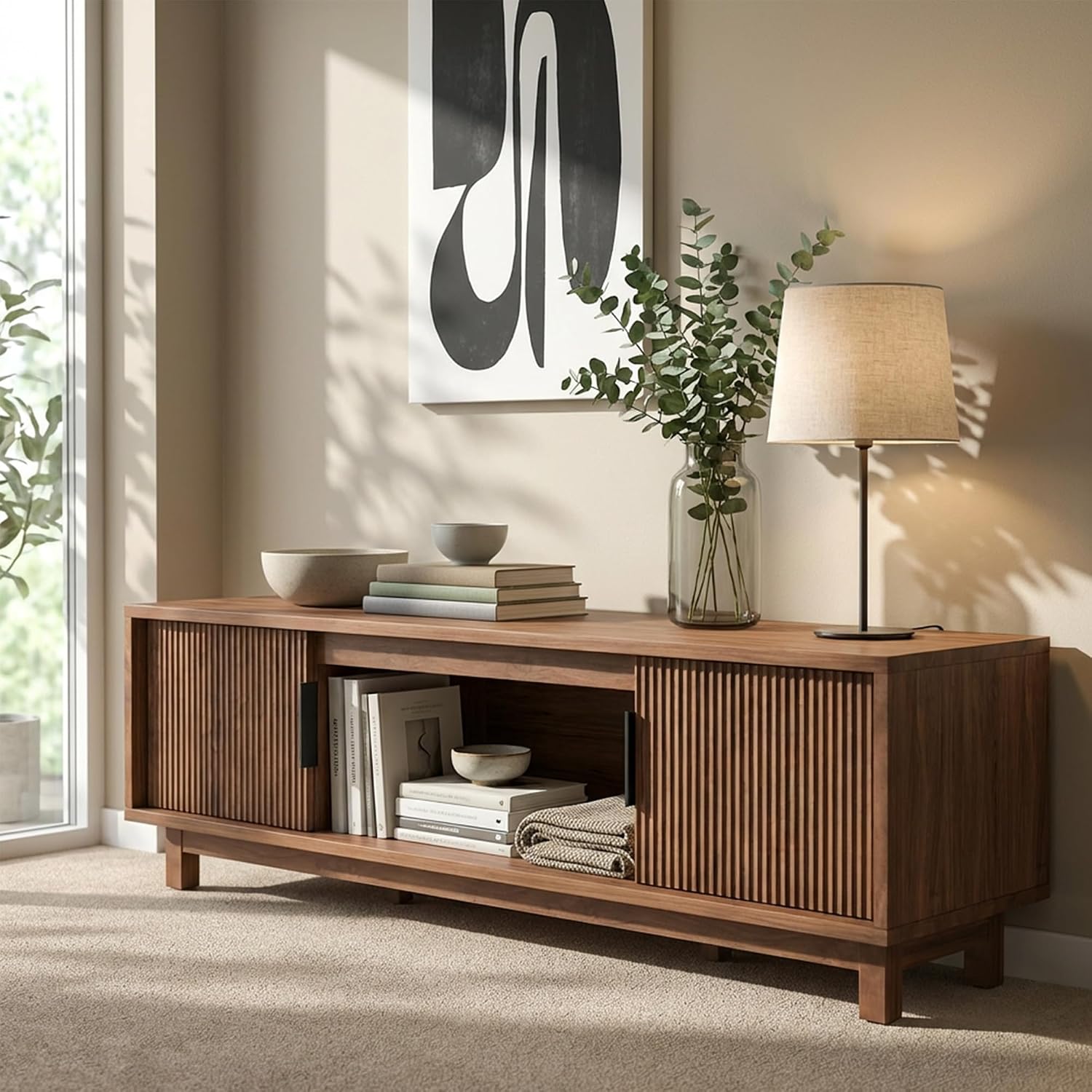 Walnut 58in Fluted Mid Century TV Stand