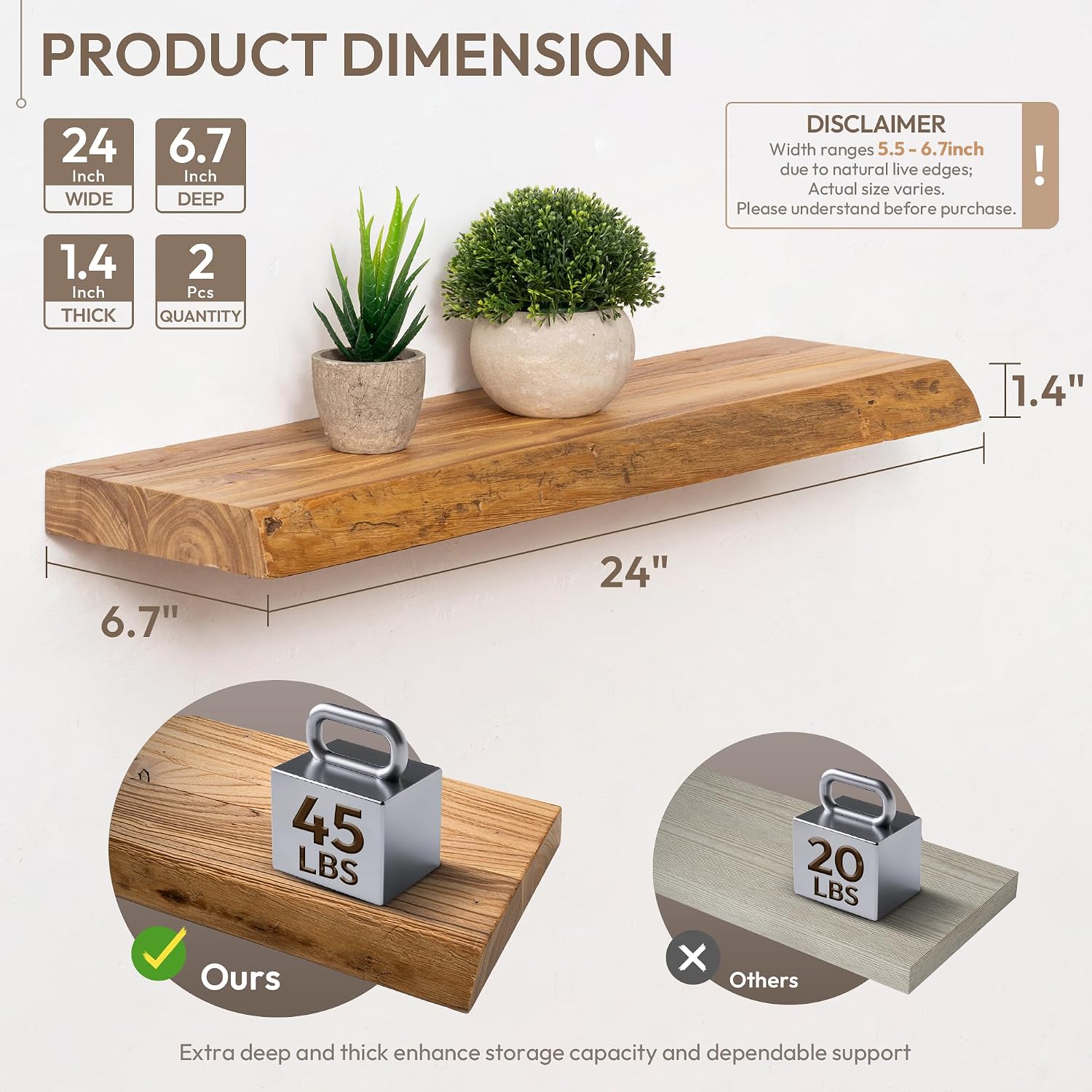 Natural 24in Floating Shelves 2Pack