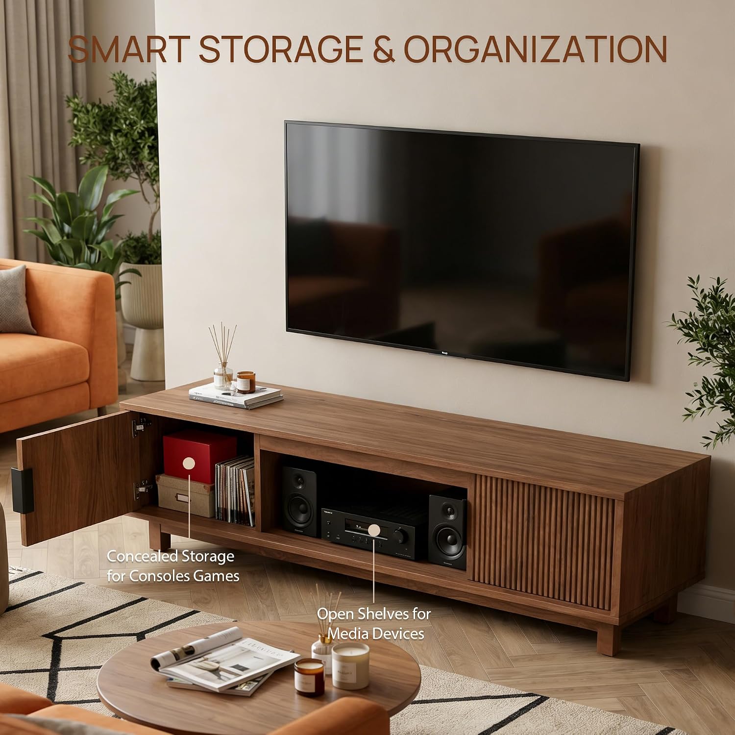 Walnut 58in Fluted Mid Century TV Stand