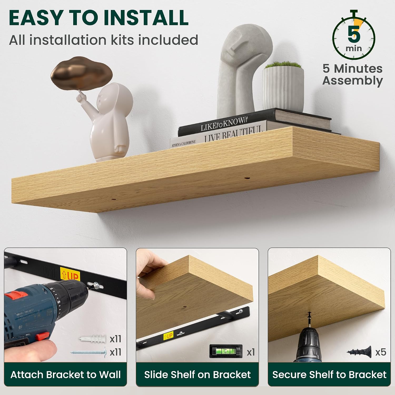 Oak 1.5" Thick Floating Shelves 2 Pack