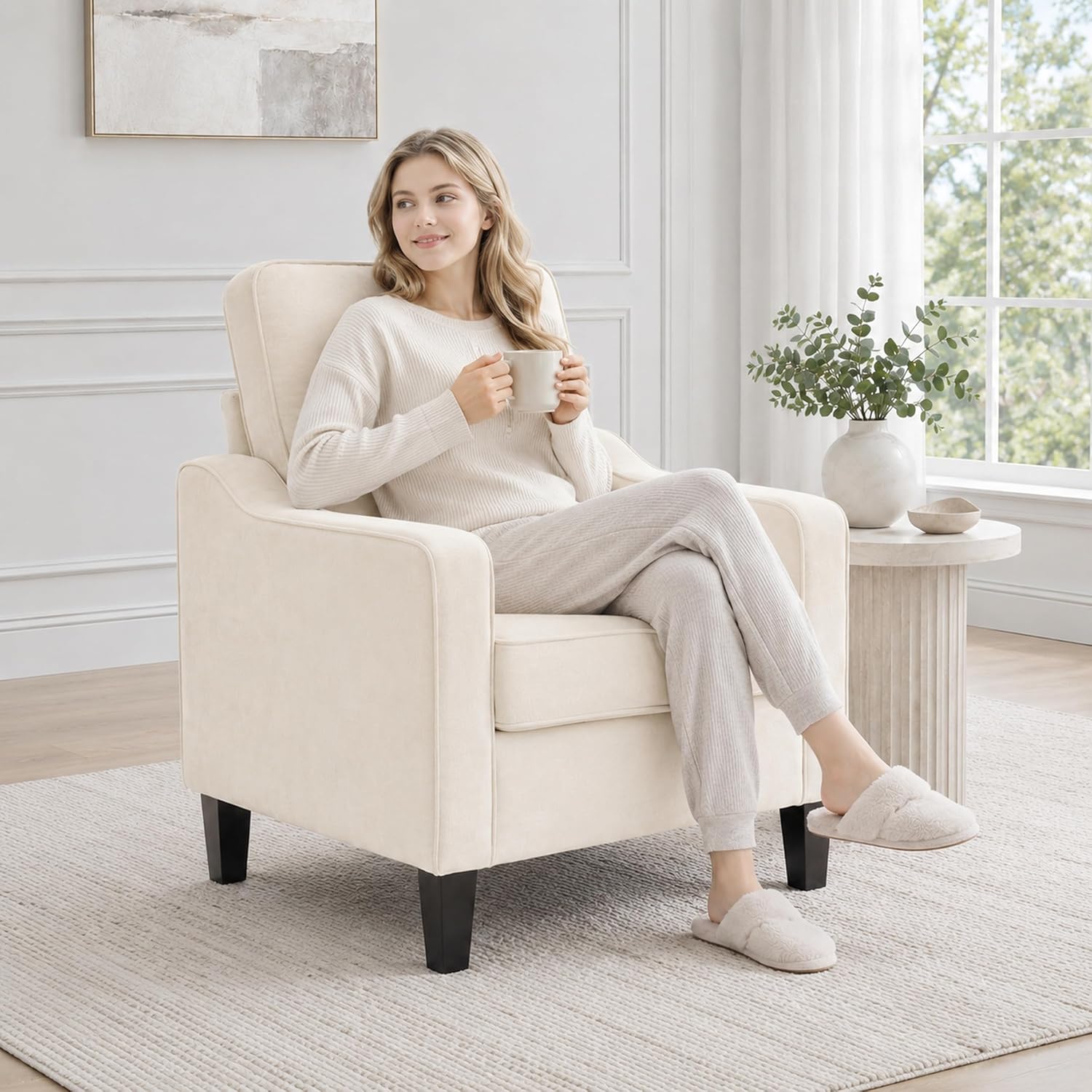 Beige Modern Comfy Reading Accent Chair