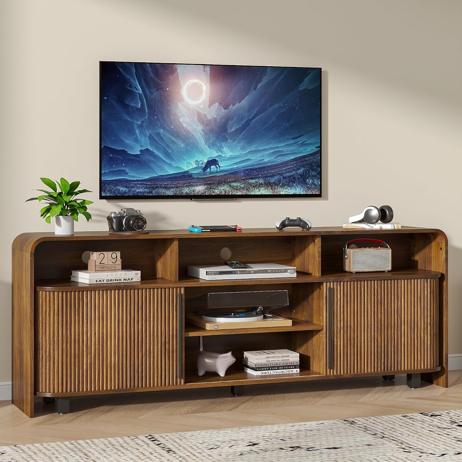 Walnut 70in Fluted Mid Century TV Stand