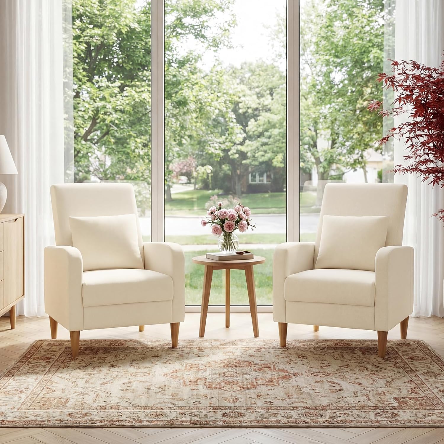 Mid-Century Fabric Accent Chair Wood Legs Beige